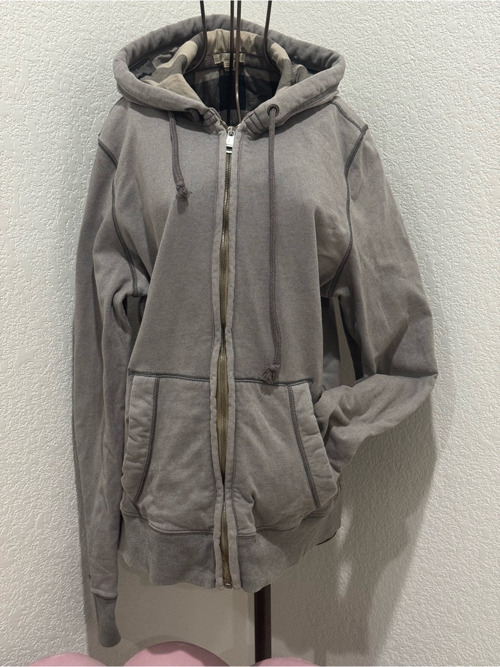 Burberry Brit Zip Up Hoodie Gray With Nova Check Elbow Patches Size Large